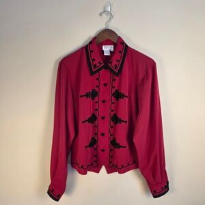 Tess Vintage Red Soutache Beaded Embroidered Blouse Womens 14 Long Sleeve Top
